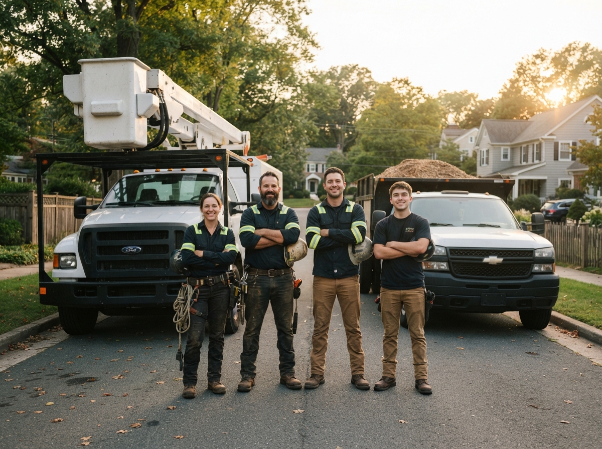 The All Tree Control crew standing in front of their bucket truck and chip truck