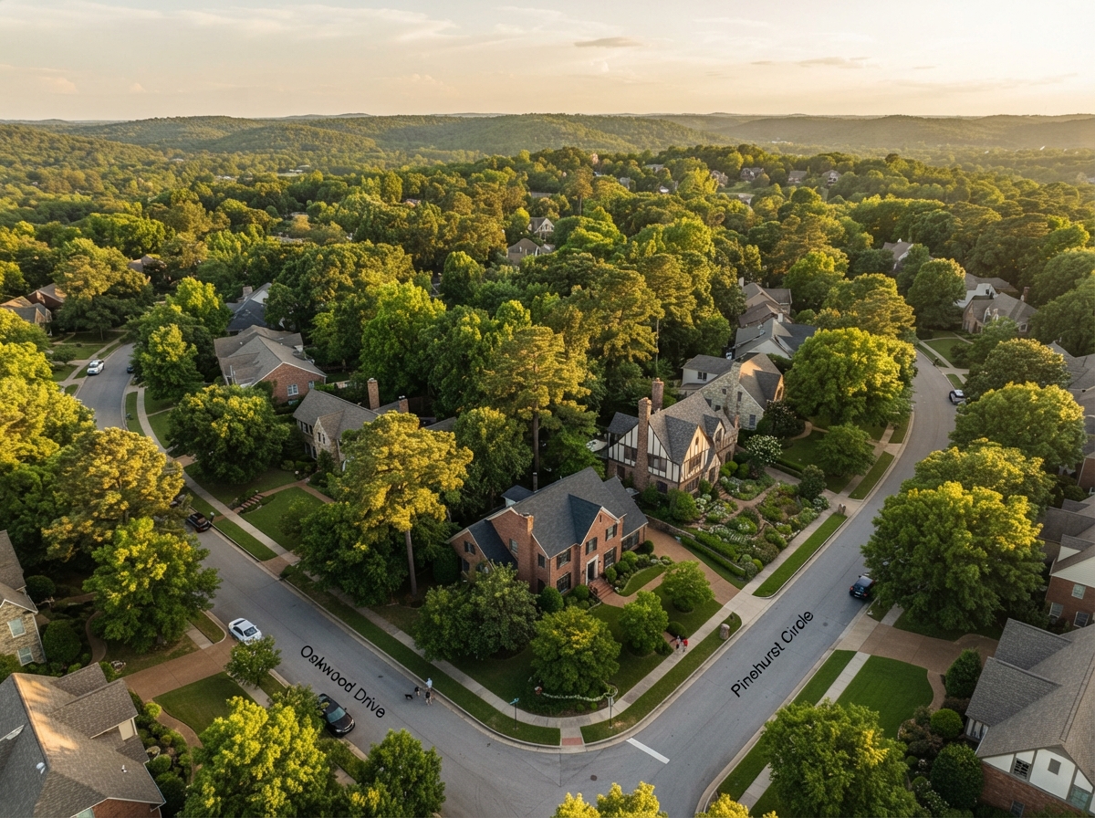 Aerial view of the Little Rock, AR service area with mature residential tree canopy
