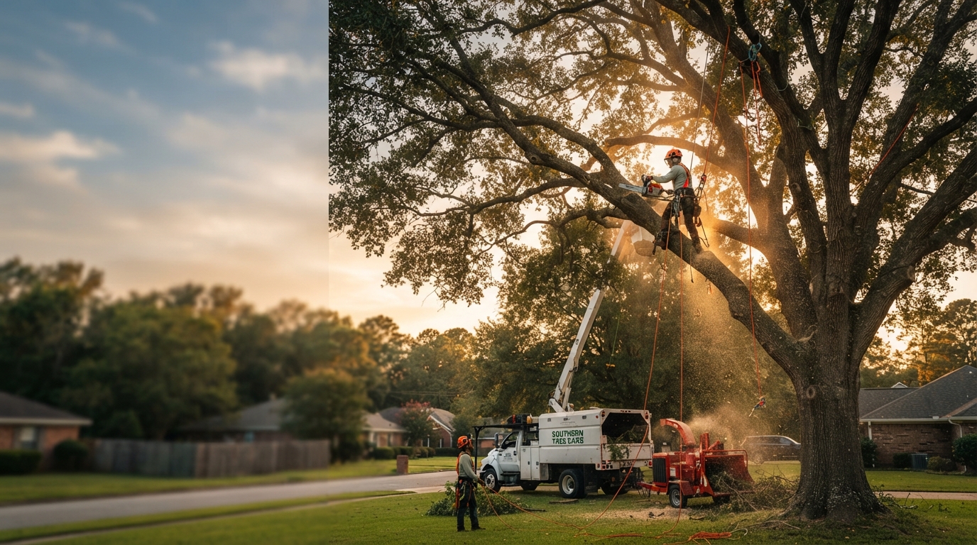 Arborist safely removing a large oak tree at golden hour in a Little Rock, AR neighborhood
