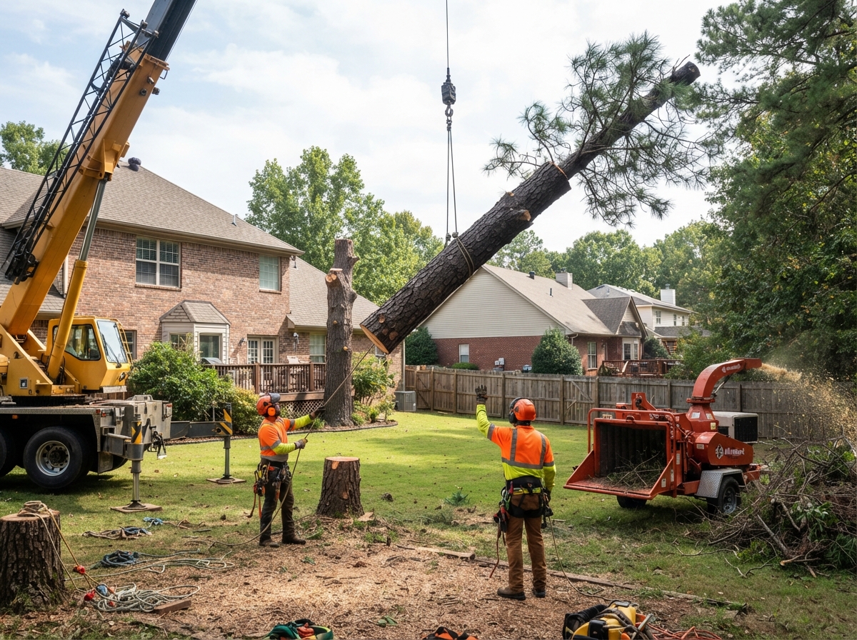 Tree crew removing a large pine tree section with a crane in a residential yard