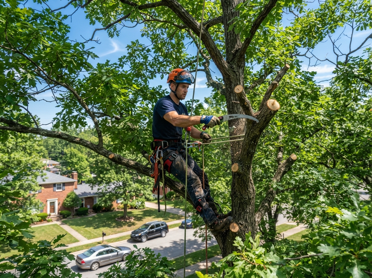 Arborist pruning branches in a mature oak tree canopy against a blue sky